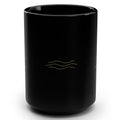 1. Black 15oz Yes Is the Air That I Breathe affirmation mug with gold script, handle on the right
2. Black and gold Rich Girl Radio Yes Is the Air That I Breathe coffee mug, handle on the left
3. Back of black affirmation mug with three gold air-wave lines design