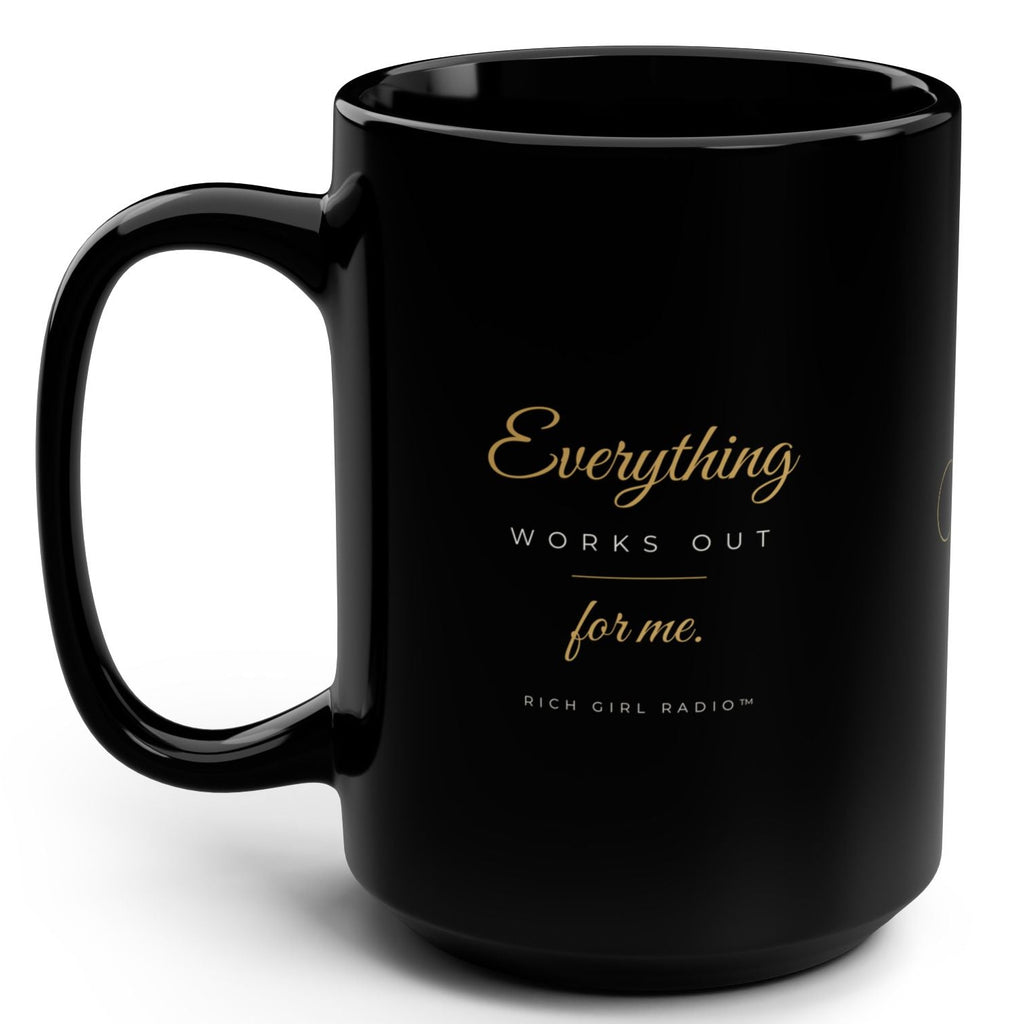 Everything Works Out For Me Black 15oz Mug — Inspirational Gold Script Coffee Cup