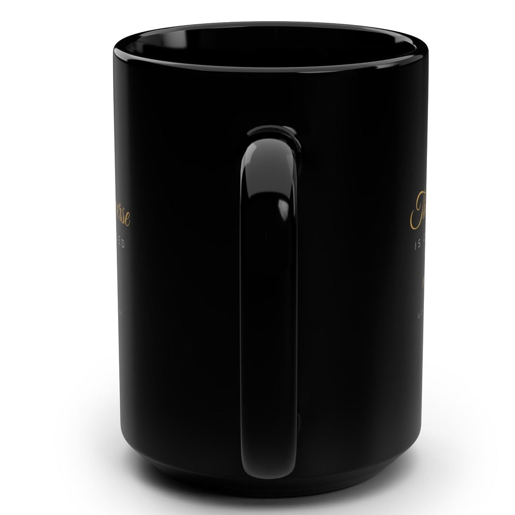 1. Black 15oz The Universe Is Obsessed With Me affirmation mug with gold script, handle on the right
2. Black and gold Rich Girl Radio celestial coffee mug, handle on the left
3. Side view of glossy black 15oz ceramic mug showing C-shaped handle
4. Back of black celestial mug with gold ringed planet design