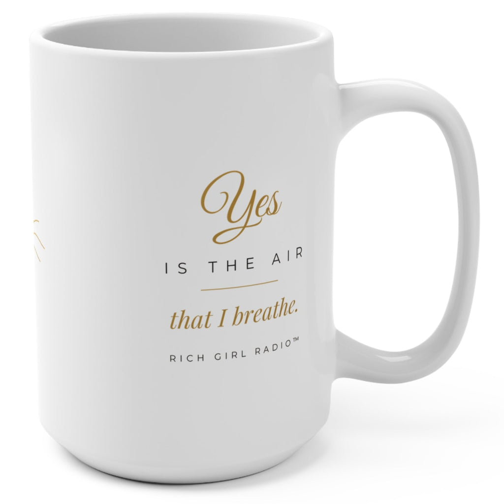 1. White 15oz Yes Is the Air That I Breathe affirmation mug with gold script, handle on the right
2. White and gold Rich Girl Radio Yes Is the Air That I Breathe coffee mug, handle on the left
3. Back of white affirmation mug with three gold air-wave lines design