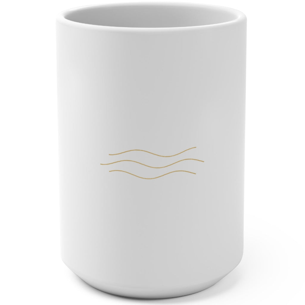 1. White 15oz Yes Is the Air That I Breathe affirmation mug with gold script, handle on the right
2. White and gold Rich Girl Radio Yes Is the Air That I Breathe coffee mug, handle on the left
3. Back of white affirmation mug with three gold air-wave lines design