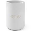 1. White 15oz Yes Is the Air That I Breathe affirmation mug with gold script, handle on the right
2. White and gold Rich Girl Radio Yes Is the Air That I Breathe coffee mug, handle on the left
3. Back of white affirmation mug with three gold air-wave lines design
