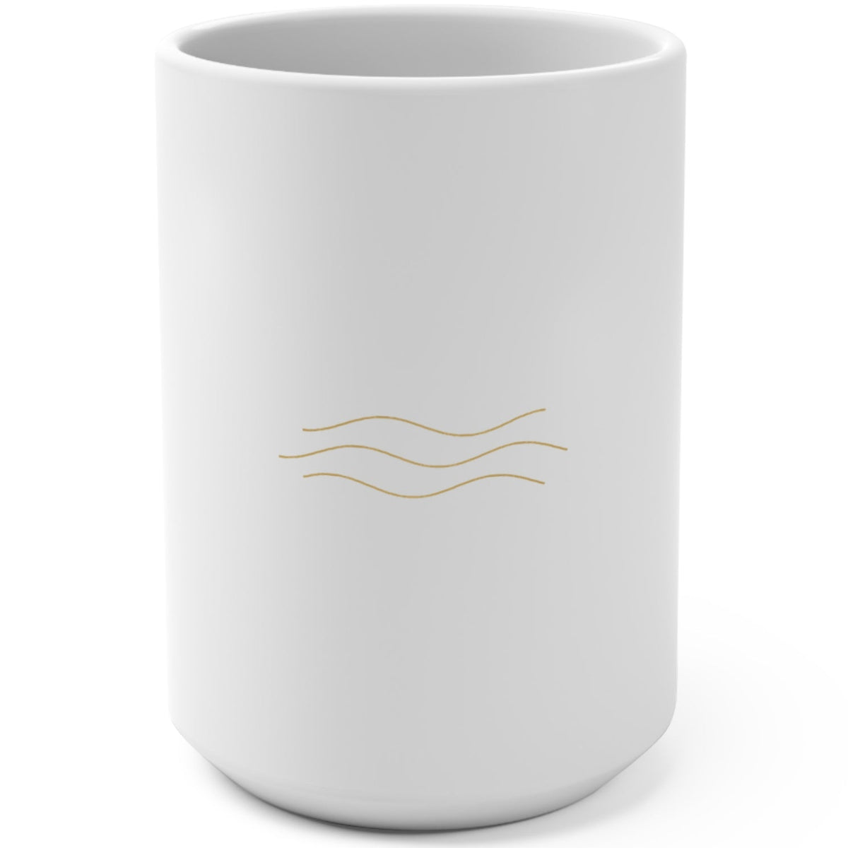 1. White 15oz Yes Is the Air That I Breathe affirmation mug with gold script, handle on the right
2. White and gold Rich Girl Radio Yes Is the Air That I Breathe coffee mug, handle on the left
3. Back of white affirmation mug with three gold air-wave lines design