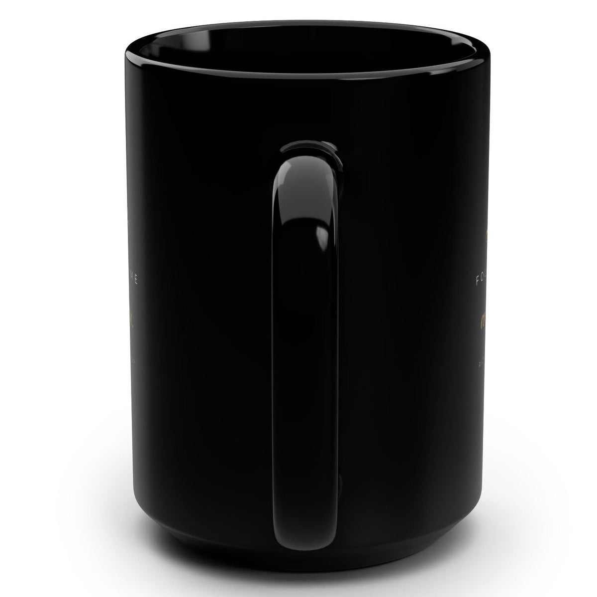 1. Black 15oz Luck Follows Me Everywhere affirmation mug with gold script, handle on the right
2. Back of black lucky mug with gold heart four-leaf clover design
3. Black and gold Rich Girl Radio Luck Follows Me Everywhere coffee mug, handle on the left
4. Side view of glossy black 15oz ceramic mug showing C-shaped handle