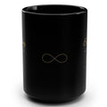 1. Back of black affirmation mug with gold infinity symbol design
2. Black and gold Everything Works Out for Me affirmation mug, handle on the left
3. Side view of glossy black 15oz ceramic mug showing C-shaped handle
4. Black 15oz Everything Works Out for Me mug with gold script, Rich Girl Radio, handle on the right