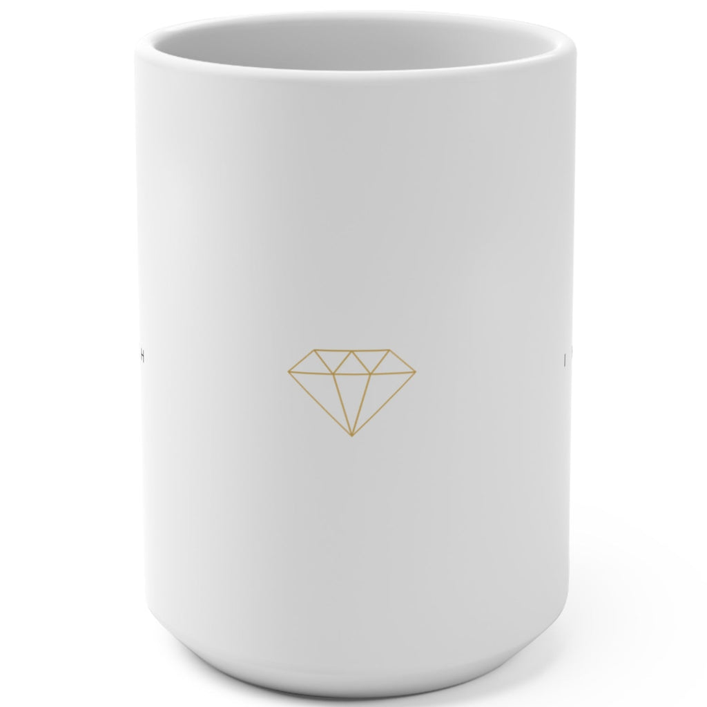1. White 15oz I Am So Rich I Have So Much Money affirmation mug with gold script, handle on the right
2. White and gold Rich Girl Radio money affirmation coffee mug, handle on the left
3. Side view of glossy white 15oz ceramic mug showing C-shaped handle
4. Back of white money affirmation mug with gold diamond design
