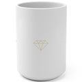1. White 15oz I Am So Rich I Have So Much Money affirmation mug with gold script, handle on the right
2. White and gold Rich Girl Radio money affirmation coffee mug, handle on the left
3. Side view of glossy white 15oz ceramic mug showing C-shaped handle
4. Back of white money affirmation mug with gold diamond design