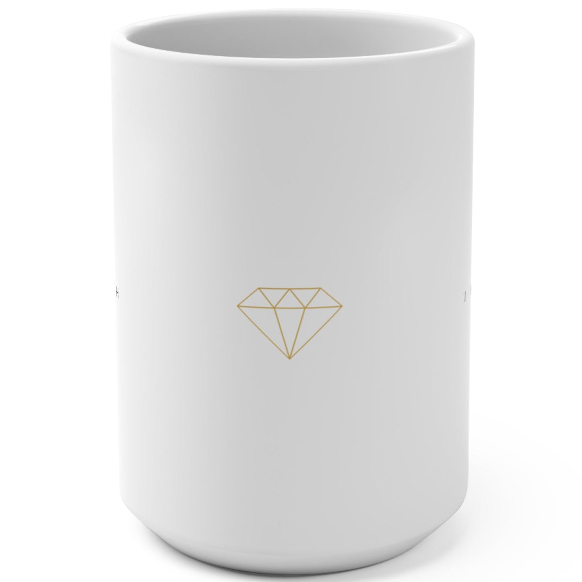 1. White 15oz I Am So Rich I Have So Much Money affirmation mug with gold script, handle on the right
2. White and gold Rich Girl Radio money affirmation coffee mug, handle on the left
3. Side view of glossy white 15oz ceramic mug showing C-shaped handle
4. Back of white money affirmation mug with gold diamond design