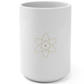 1. White 15oz Quantum Leaping Before 9 A.M. manifestation mug with gold script, handle on the right
2. Back of white affirmation mug with gold atom symbol design
3. White and gold Rich Girl Radio Quantum Leaping coffee mug, handle on the left
4. Side view of glossy white 15oz ceramic mug showing C-shaped handle