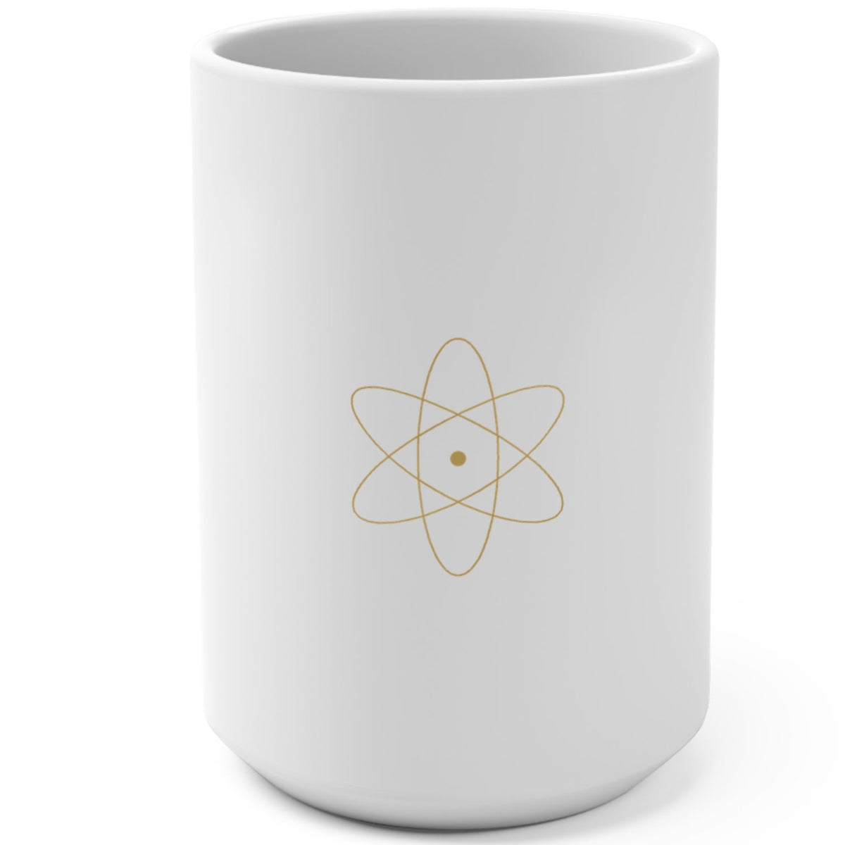 1. White 15oz Quantum Leaping Before 9 A.M. manifestation mug with gold script, handle on the right
2. Back of white affirmation mug with gold atom symbol design
3. White and gold Rich Girl Radio Quantum Leaping coffee mug, handle on the left
4. Side view of glossy white 15oz ceramic mug showing C-shaped handle