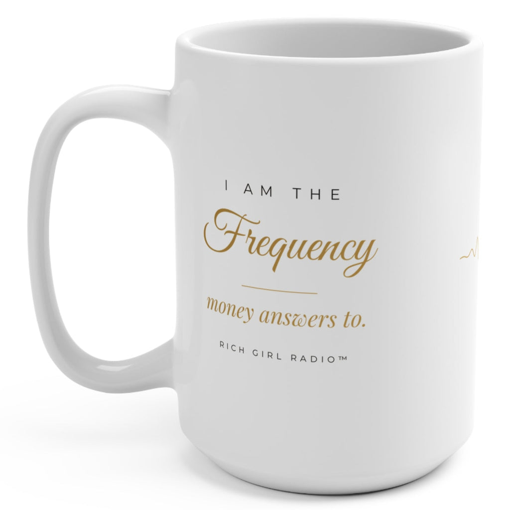 1. White 15oz I Am the Frequency Money Answers To affirmation mug with gold script, handle on the right
2. White and gold Rich Girl Radio money frequency coffee mug, handle on the left
3. Side view of glossy white 15oz ceramic mug showing C-shaped handle
4. Back of white money affirmation mug with gold sound wave design