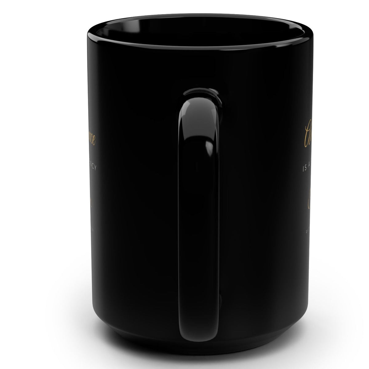1. Black 15oz Abundance Is a Frequency affirmation mug with gold script, handle on the right
2. Black and gold Rich Girl Radio affirmation coffee mug, handle on the left
3. Side view of glossy black 15oz ceramic mug showing C-shaped handle
4. Back of black affirmation mug with gold frequency sound wave design