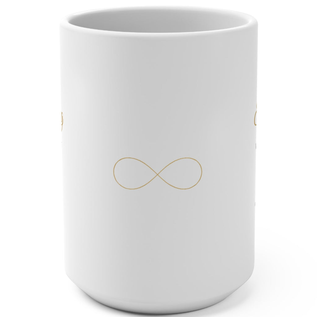 1. Back of white affirmation mug with gold infinity symbol design
2. White and gold Everything Works Out for Me affirmation mug, handle on the left
3. Side view of glossy white 15oz ceramic mug showing C-shaped handle
4. White 15oz Everything Works Out for Me mug with gold script, Rich Girl Radio, handle on the right