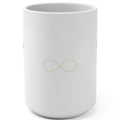 1. Back of white affirmation mug with gold infinity symbol design
2. White and gold Everything Works Out for Me affirmation mug, handle on the left
3. Side view of glossy white 15oz ceramic mug showing C-shaped handle
4. White 15oz Everything Works Out for Me mug with gold script, Rich Girl Radio, handle on the right