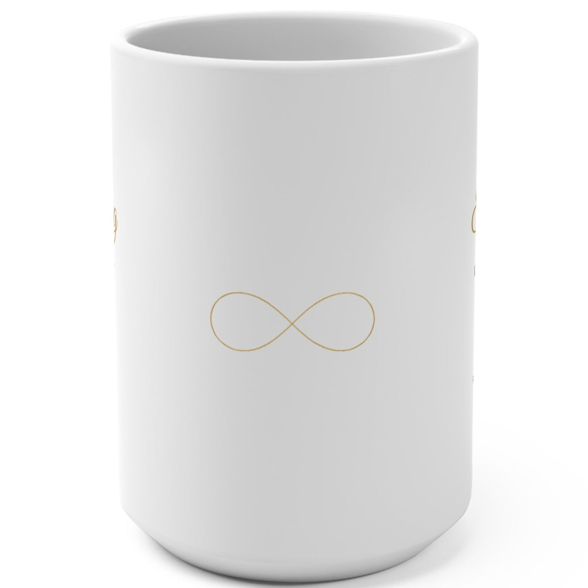 1. Back of white affirmation mug with gold infinity symbol design
2. White and gold Everything Works Out for Me affirmation mug, handle on the left
3. Side view of glossy white 15oz ceramic mug showing C-shaped handle
4. White 15oz Everything Works Out for Me mug with gold script, Rich Girl Radio, handle on the right