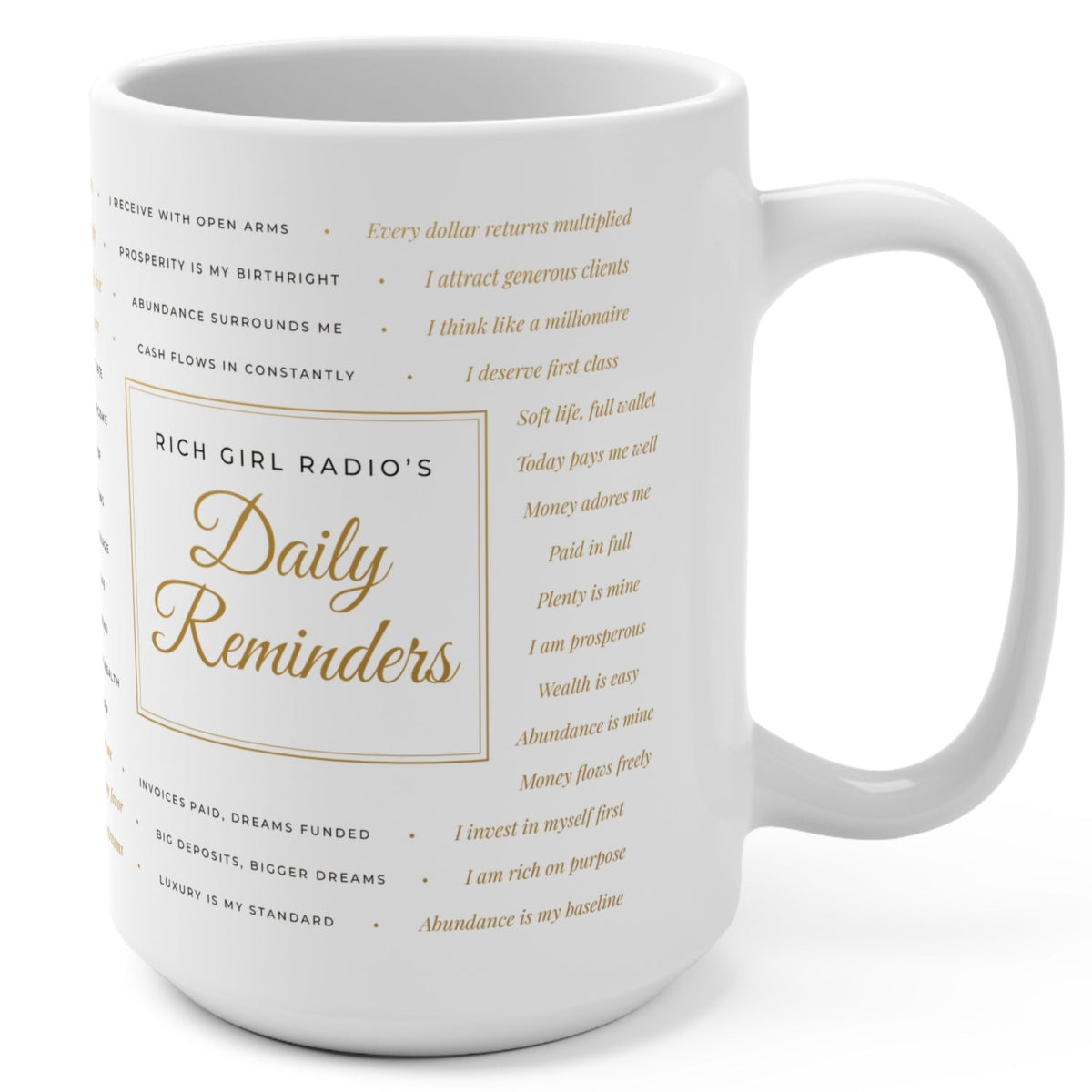 Rich Girl Radio Daily Reminders 15oz Ceramic Mug — Motivational Quotes Coffee Cup