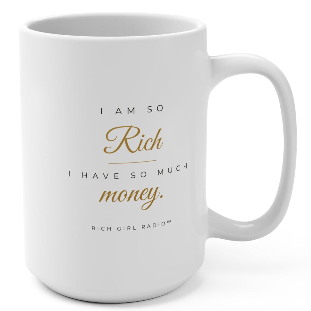 1. White 15oz I Am So Rich I Have So Much Money affirmation mug with gold script, handle on the right
2. White and gold Rich Girl Radio money affirmation coffee mug, handle on the left
3. Side view of glossy white 15oz ceramic mug showing C-shaped handle
4. Back of white money affirmation mug with gold diamond design