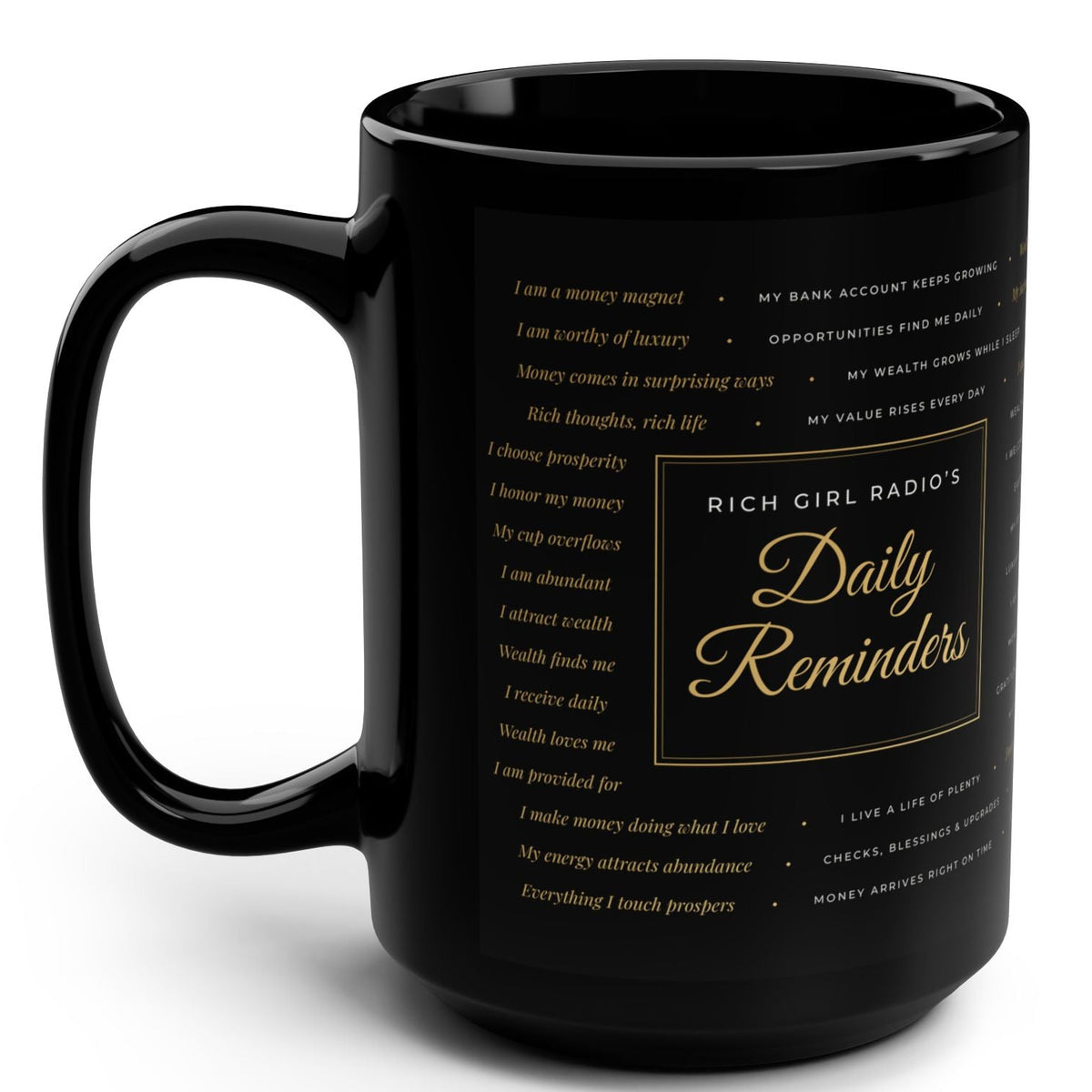 Black 15oz Mug — "Daily Reminders" Motivational Coffee Cup (Gold Script)