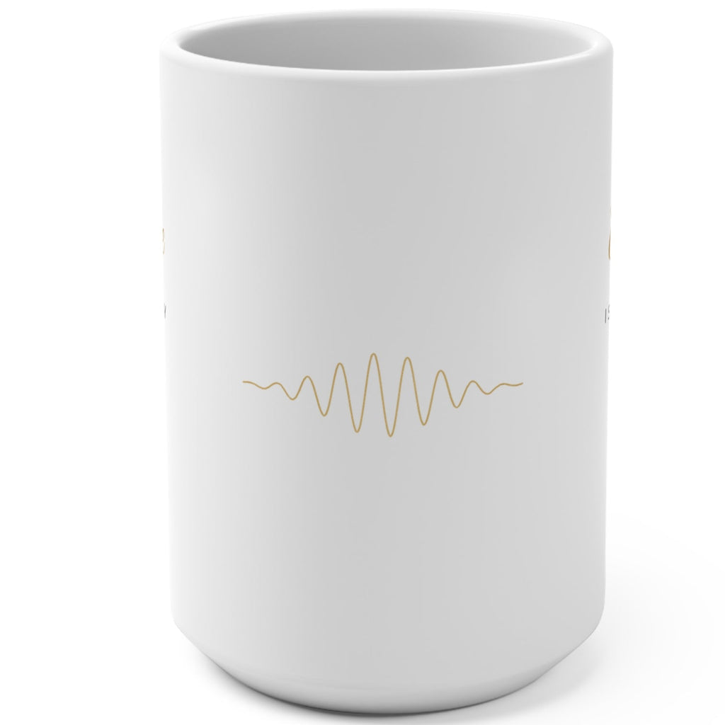 1. White 15oz Abundance Is a Frequency affirmation mug with gold script, handle on the right
2. White and gold Rich Girl Radio affirmation coffee mug, handle on the left
3. Side view of glossy white 15oz ceramic mug showing C-shaped handle
4. Back of white affirmation mug with gold frequency sound wave design
