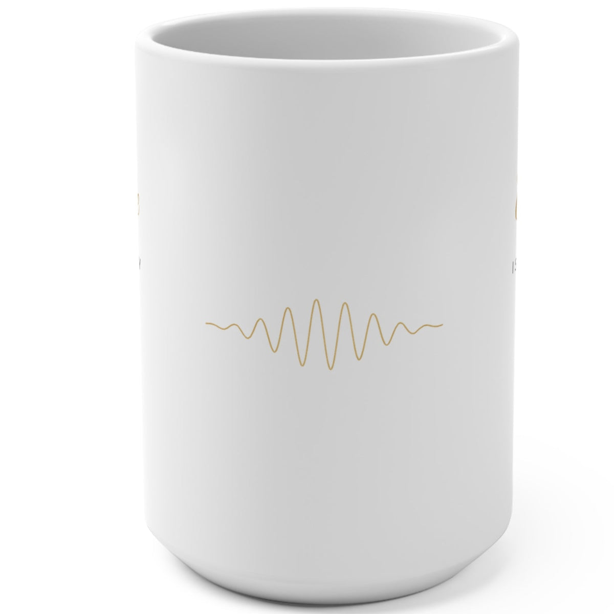 1. White 15oz Abundance Is a Frequency affirmation mug with gold script, handle on the right
2. White and gold Rich Girl Radio affirmation coffee mug, handle on the left
3. Side view of glossy white 15oz ceramic mug showing C-shaped handle
4. Back of white affirmation mug with gold frequency sound wave design