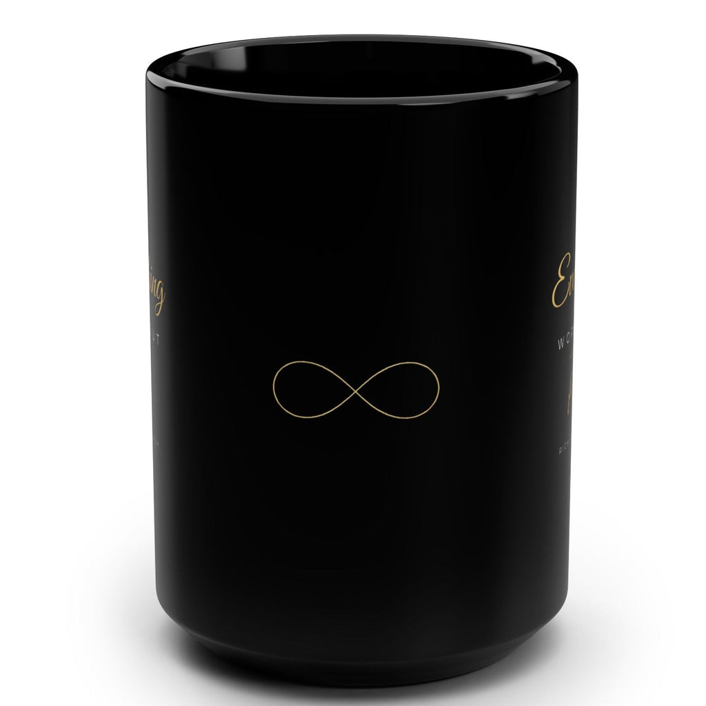 Everything Works Out For Me Black 15oz Mug — Inspirational Gold Script Coffee Cup