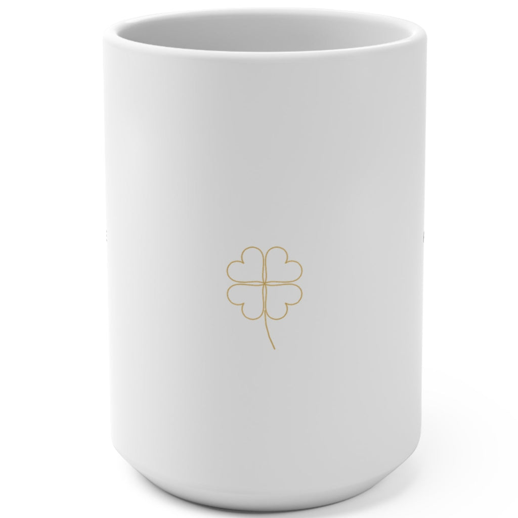 1. White 15oz Luck Follows Me Everywhere affirmation mug with gold script, handle on the right
2. Back of white lucky mug with gold heart four-leaf clover design
3. White and gold Rich Girl Radio Luck Follows Me Everywhere coffee mug, handle on the left
4. Side view of glossy white 15oz ceramic mug showing C-shaped handle