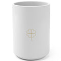 1. White 15oz Luck Follows Me Everywhere affirmation mug with gold script, handle on the right
2. Back of white lucky mug with gold heart four-leaf clover design
3. White and gold Rich Girl Radio Luck Follows Me Everywhere coffee mug, handle on the left
4. Side view of glossy white 15oz ceramic mug showing C-shaped handle