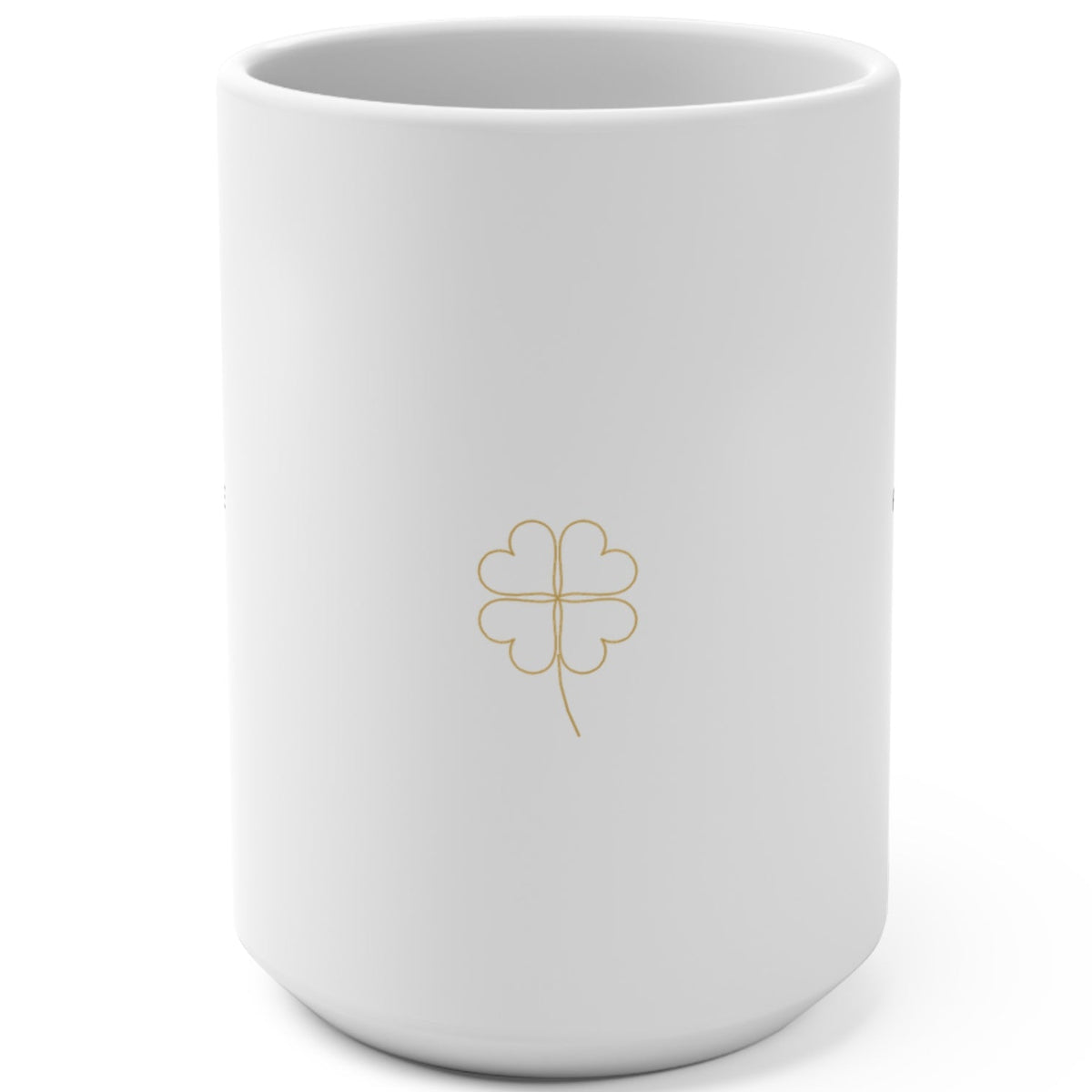 1. White 15oz Luck Follows Me Everywhere affirmation mug with gold script, handle on the right
2. Back of white lucky mug with gold heart four-leaf clover design
3. White and gold Rich Girl Radio Luck Follows Me Everywhere coffee mug, handle on the left
4. Side view of glossy white 15oz ceramic mug showing C-shaped handle