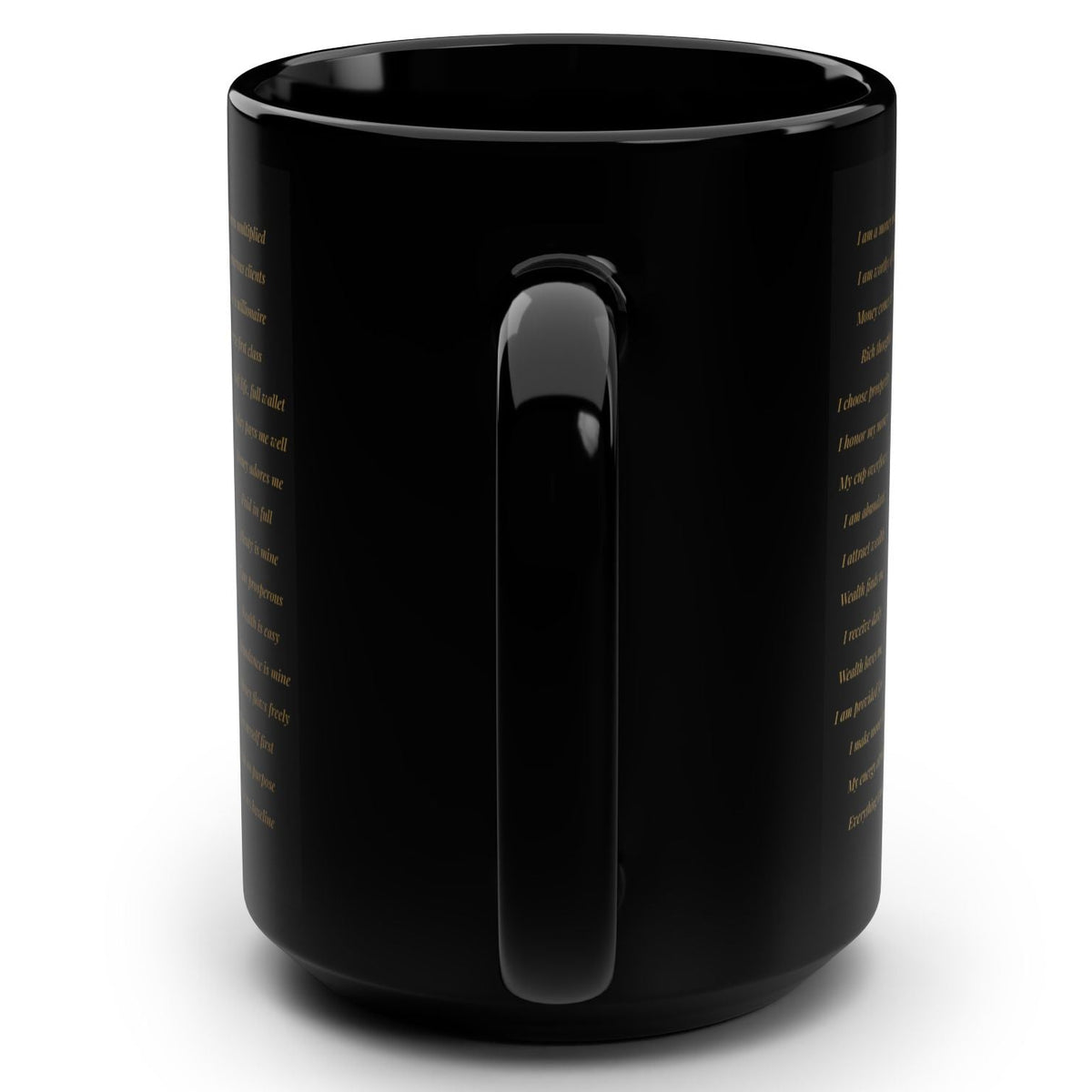 Black 15oz Mug — "Daily Reminders" Motivational Coffee Cup (Gold Script)