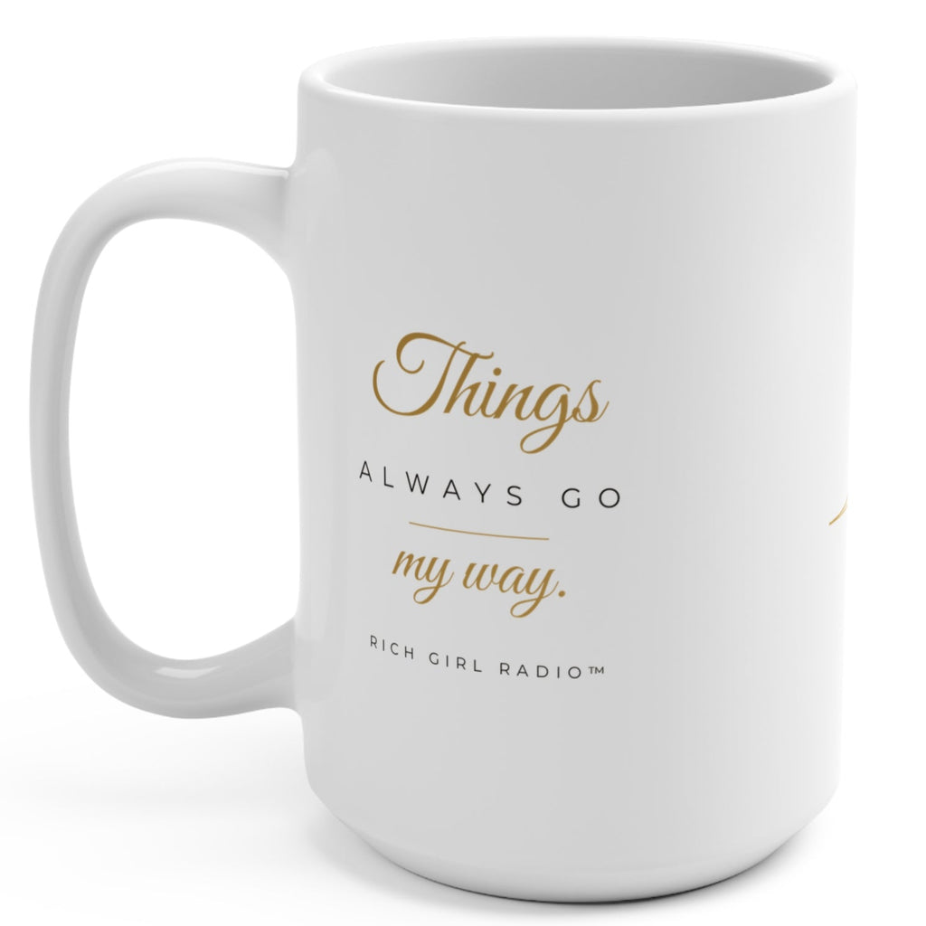 1. Black 15oz Things Always Go My Way affirmation mug with gold script, handle on the right
2. Black and gold Rich Girl Radio Things Always Go My Way coffee mug, handle on the left
3. Side view of glossy black 15oz ceramic mug showing C-shaped handle