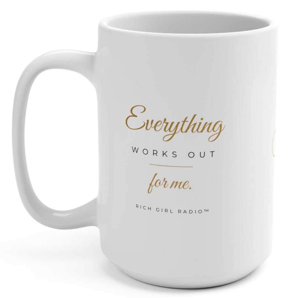 1. Back of white affirmation mug with gold infinity symbol design
2. White and gold Everything Works Out for Me affirmation mug, handle on the left
3. Side view of glossy white 15oz ceramic mug showing C-shaped handle
4. White 15oz Everything Works Out for Me mug with gold script, Rich Girl Radio, handle on the right