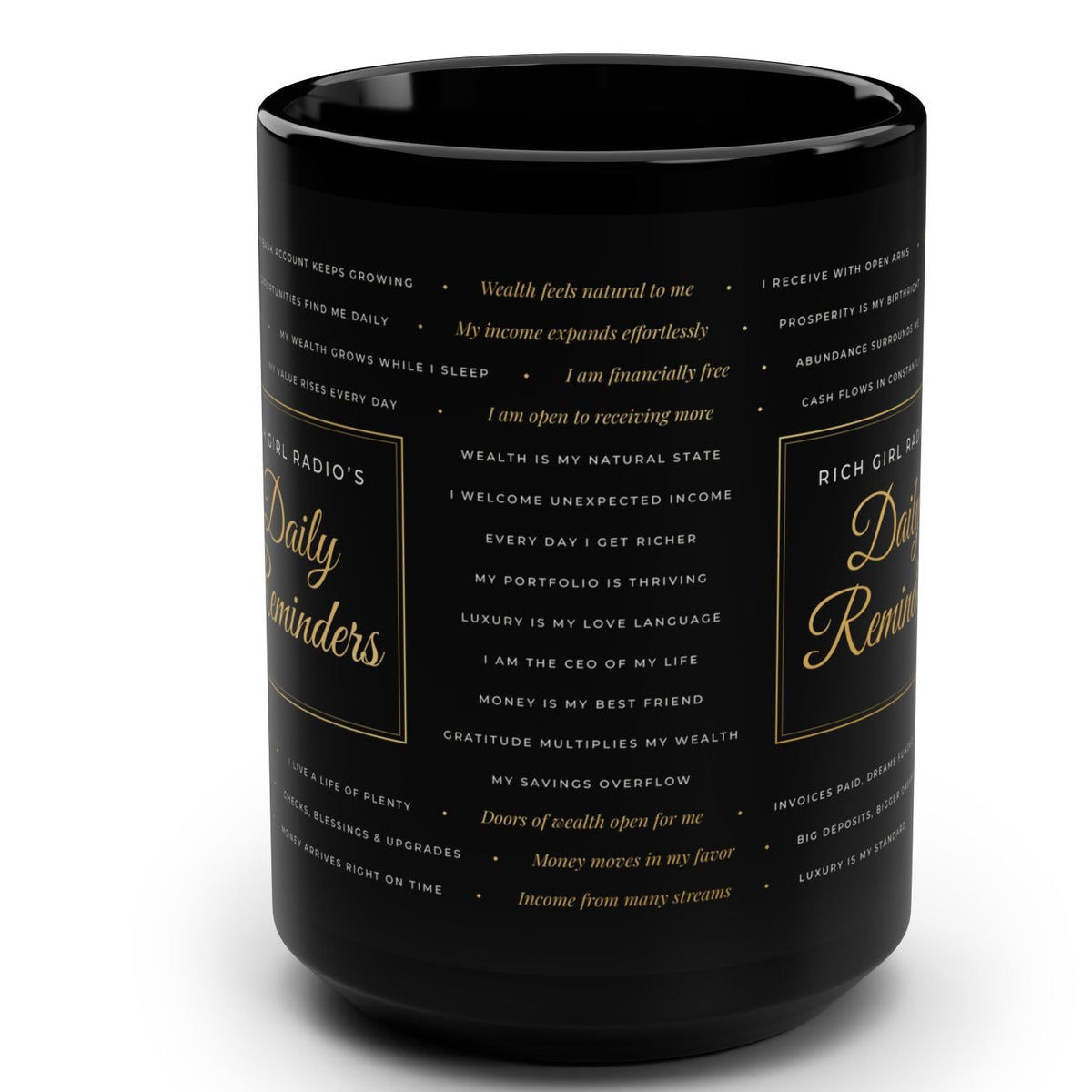 Black 15oz Mug — "Daily Reminders" Motivational Coffee Cup (Gold Script)