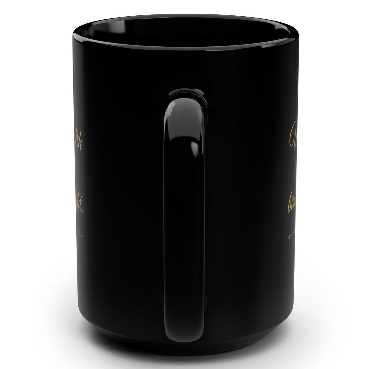 1. Black 15oz Wealth Is My Birthright affirmation mug with gold script, handle on the right
2. Black and gold Rich Girl Radio Wealth Is My Birthright coffee mug, handle on the left
3. Back of black money affirmation mug with gold key design