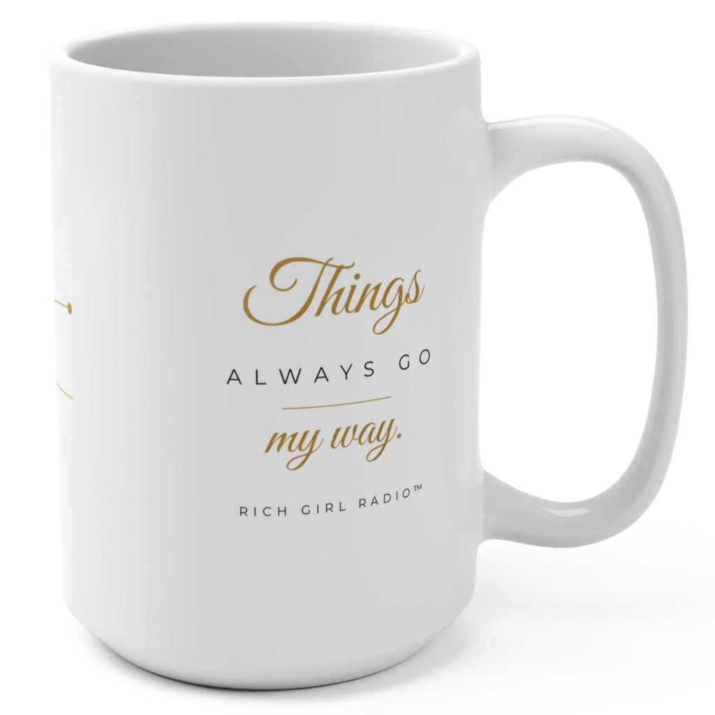 1. Black 15oz Things Always Go My Way affirmation mug with gold script, handle on the right
2. Black and gold Rich Girl Radio Things Always Go My Way coffee mug, handle on the left
3. Side view of glossy black 15oz ceramic mug showing C-shaped handle