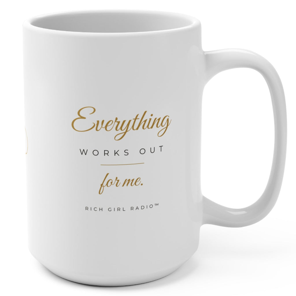1. Back of white affirmation mug with gold infinity symbol design
2. White and gold Everything Works Out for Me affirmation mug, handle on the left
3. Side view of glossy white 15oz ceramic mug showing C-shaped handle
4. White 15oz Everything Works Out for Me mug with gold script, Rich Girl Radio, handle on the right
