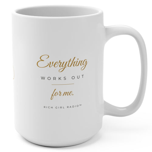 1. Back of white affirmation mug with gold infinity symbol design
2. White and gold Everything Works Out for Me affirmation mug, handle on the left
3. Side view of glossy white 15oz ceramic mug showing C-shaped handle
4. White 15oz Everything Works Out for Me mug with gold script, Rich Girl Radio, handle on the right