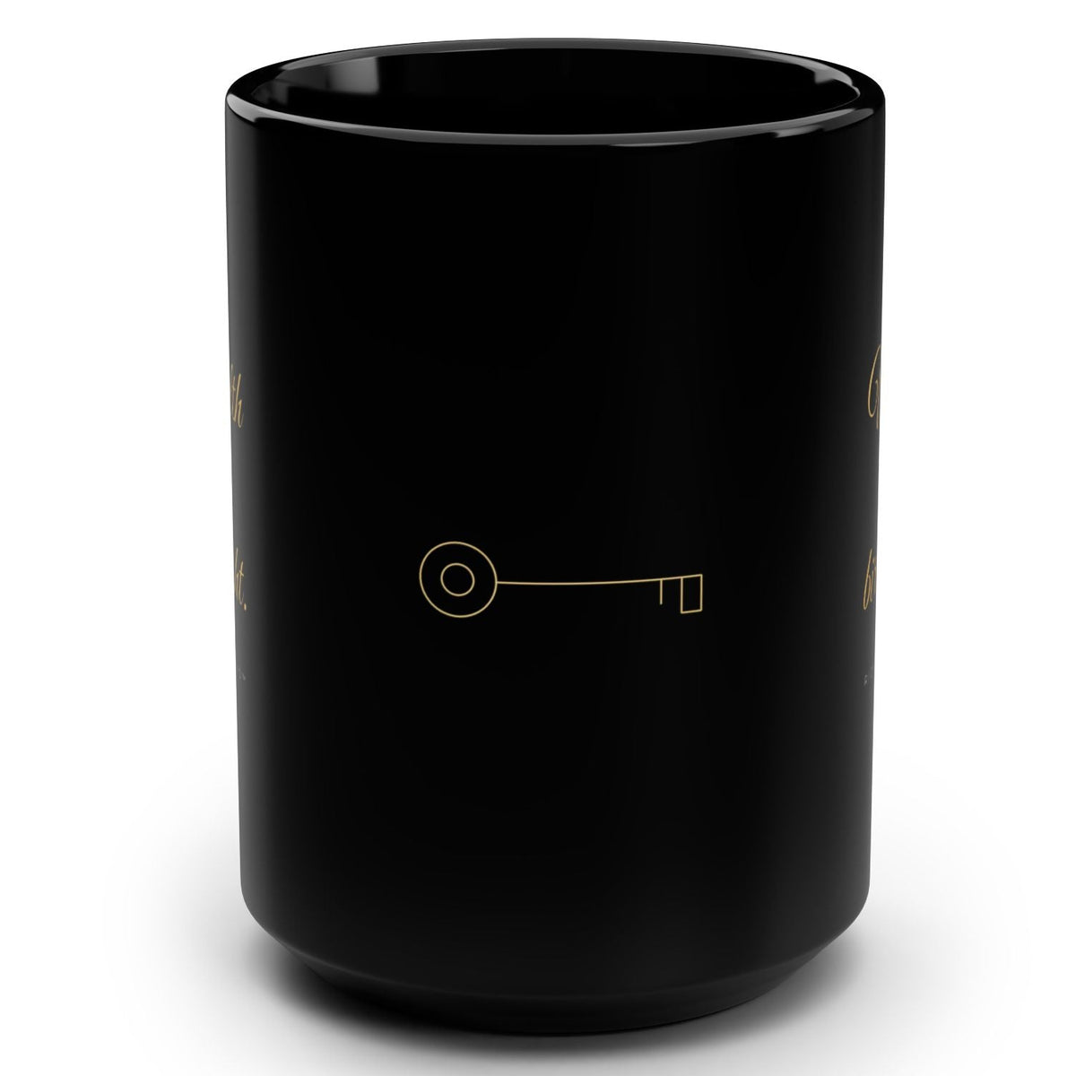 1. Black 15oz Wealth Is My Birthright affirmation mug with gold script, handle on the right
2. Black and gold Rich Girl Radio Wealth Is My Birthright coffee mug, handle on the left
3. Back of black money affirmation mug with gold key design