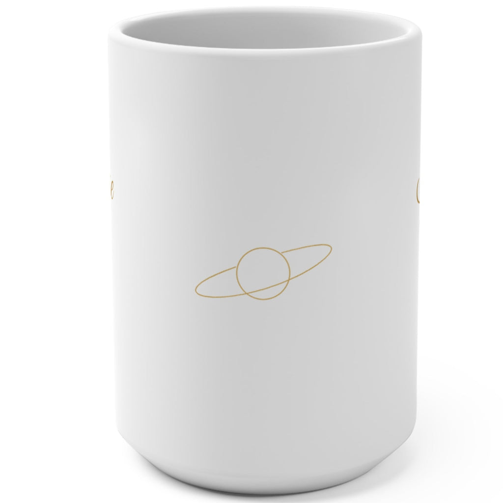 1. White 15oz The Universe Is Obsessed With Me affirmation mug with gold script, handle on the right
2. White and gold Rich Girl Radio celestial coffee mug, handle on the left
3. Side view of glossy white 15oz ceramic mug showing C-shaped handle
4. Back of white celestial mug with gold ringed planet design