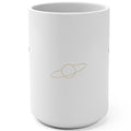 1. White 15oz The Universe Is Obsessed With Me affirmation mug with gold script, handle on the right
2. White and gold Rich Girl Radio celestial coffee mug, handle on the left
3. Side view of glossy white 15oz ceramic mug showing C-shaped handle
4. Back of white celestial mug with gold ringed planet design