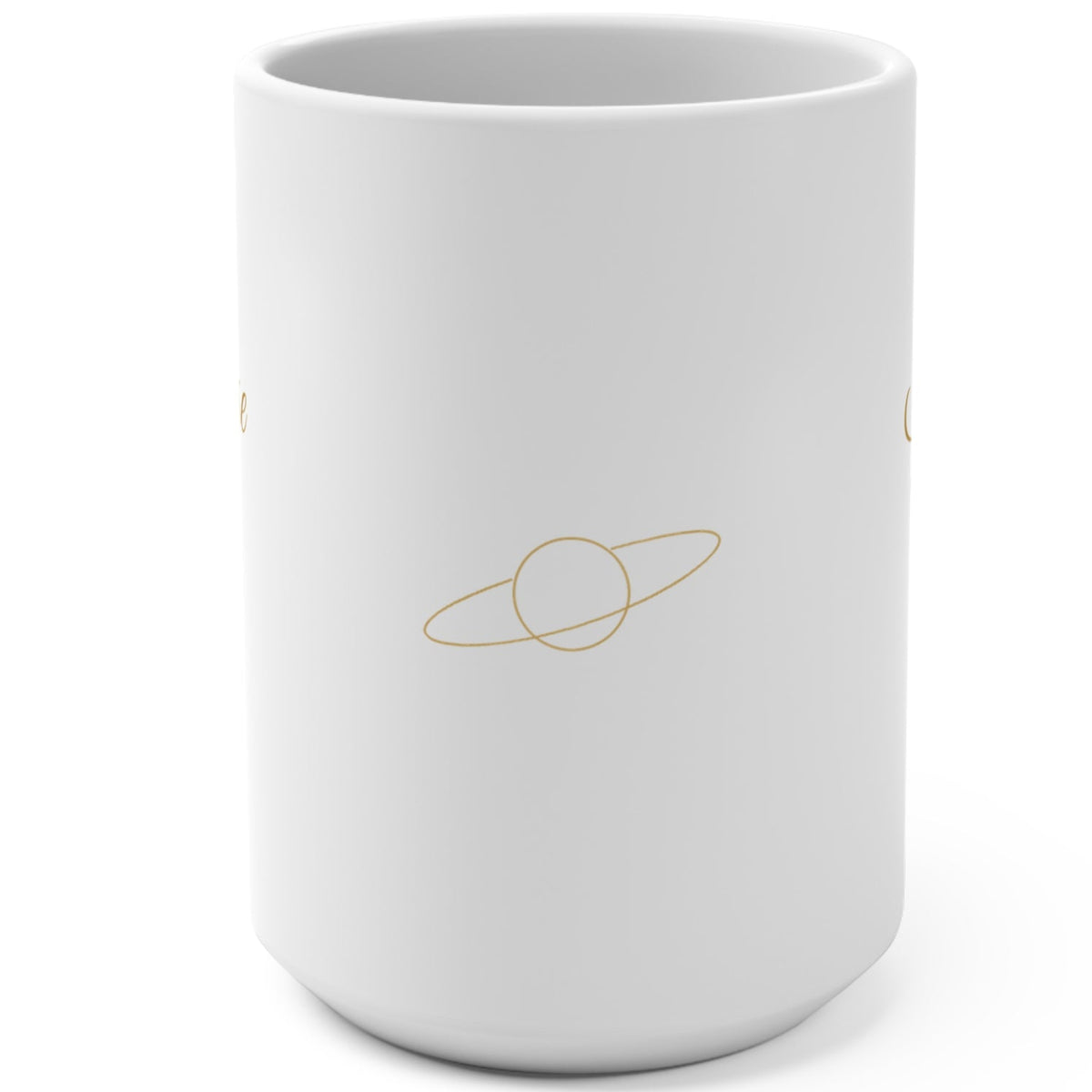 1. White 15oz The Universe Is Obsessed With Me affirmation mug with gold script, handle on the right
2. White and gold Rich Girl Radio celestial coffee mug, handle on the left
3. Side view of glossy white 15oz ceramic mug showing C-shaped handle
4. Back of white celestial mug with gold ringed planet design