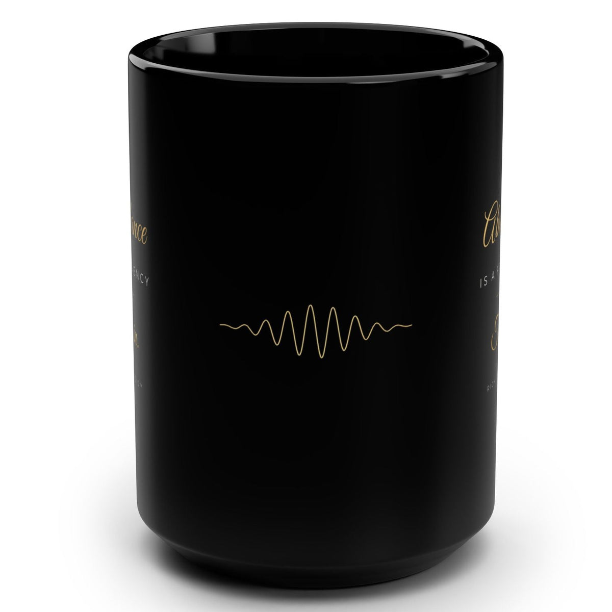 1. Black 15oz Abundance Is a Frequency affirmation mug with gold script, handle on the right
2. Black and gold Rich Girl Radio affirmation coffee mug, handle on the left
3. Side view of glossy black 15oz ceramic mug showing C-shaped handle
4. Back of black affirmation mug with gold frequency sound wave design