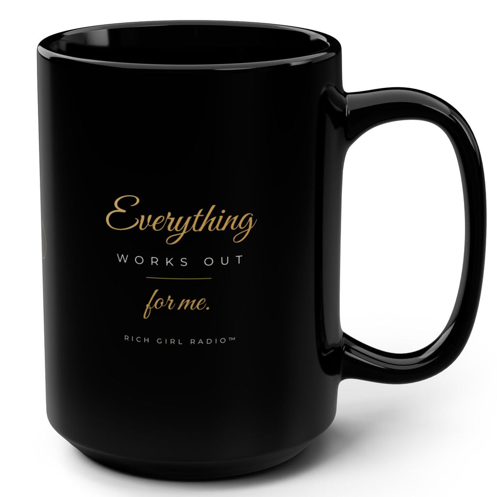 Everything Works Out For Me Black 15oz Mug — Inspirational Gold Script Coffee Cup