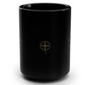 1. Black 15oz Luck Follows Me Everywhere affirmation mug with gold script, handle on the right
2. Back of black lucky mug with gold heart four-leaf clover design
3. Black and gold Rich Girl Radio Luck Follows Me Everywhere coffee mug, handle on the left
4. Side view of glossy black 15oz ceramic mug showing C-shaped handle