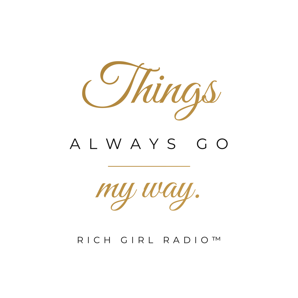 1. Black 15oz Things Always Go My Way affirmation mug with gold script, handle on the right
2. Black and gold Rich Girl Radio Things Always Go My Way coffee mug, handle on the left
3. Side view of glossy black 15oz ceramic mug showing C-shaped handle