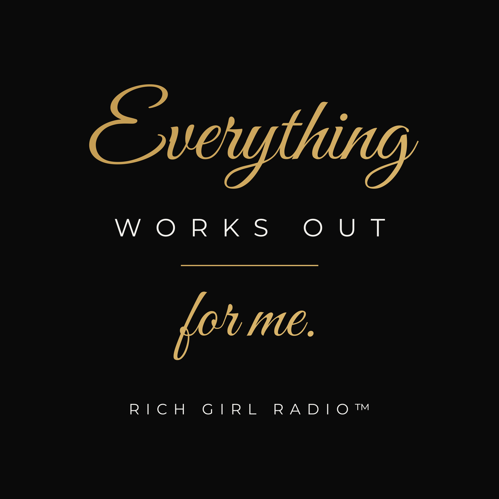 1. Back of black affirmation mug with gold infinity symbol design
2. Black and gold Everything Works Out for Me affirmation mug, handle on the left
3. Side view of glossy black 15oz ceramic mug showing C-shaped handle
4. Black 15oz Everything Works Out for Me mug with gold script, Rich Girl Radio, handle on the right