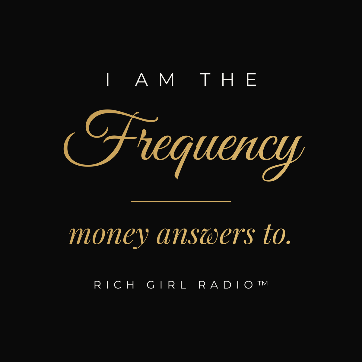 1. Black 15oz I Am the Frequency Money Answers To affirmation mug with gold script, handle on the right
2. Black and gold Rich Girl Radio money frequency coffee mug, handle on the left
3. Side view of glossy black 15oz ceramic mug showing C-shaped handle
4. Back of black money affirmation mug with gold sound wave design