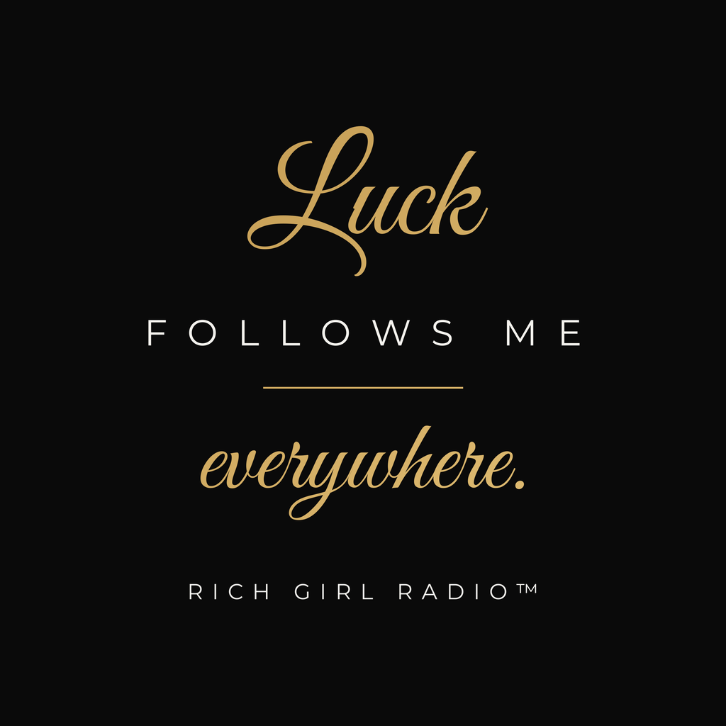 1. Black 15oz Luck Follows Me Everywhere affirmation mug with gold script, handle on the right
2. Back of black lucky mug with gold heart four-leaf clover design
3. Black and gold Rich Girl Radio Luck Follows Me Everywhere coffee mug, handle on the left
4. Side view of glossy black 15oz ceramic mug showing C-shaped handle