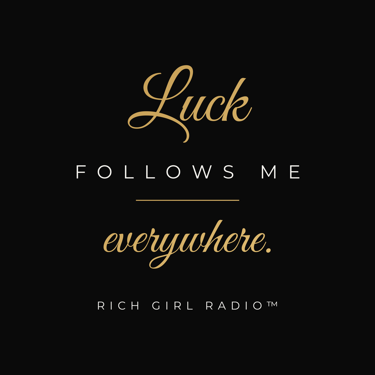 1. Black 15oz Luck Follows Me Everywhere affirmation mug with gold script, handle on the right
2. Back of black lucky mug with gold heart four-leaf clover design
3. Black and gold Rich Girl Radio Luck Follows Me Everywhere coffee mug, handle on the left
4. Side view of glossy black 15oz ceramic mug showing C-shaped handle