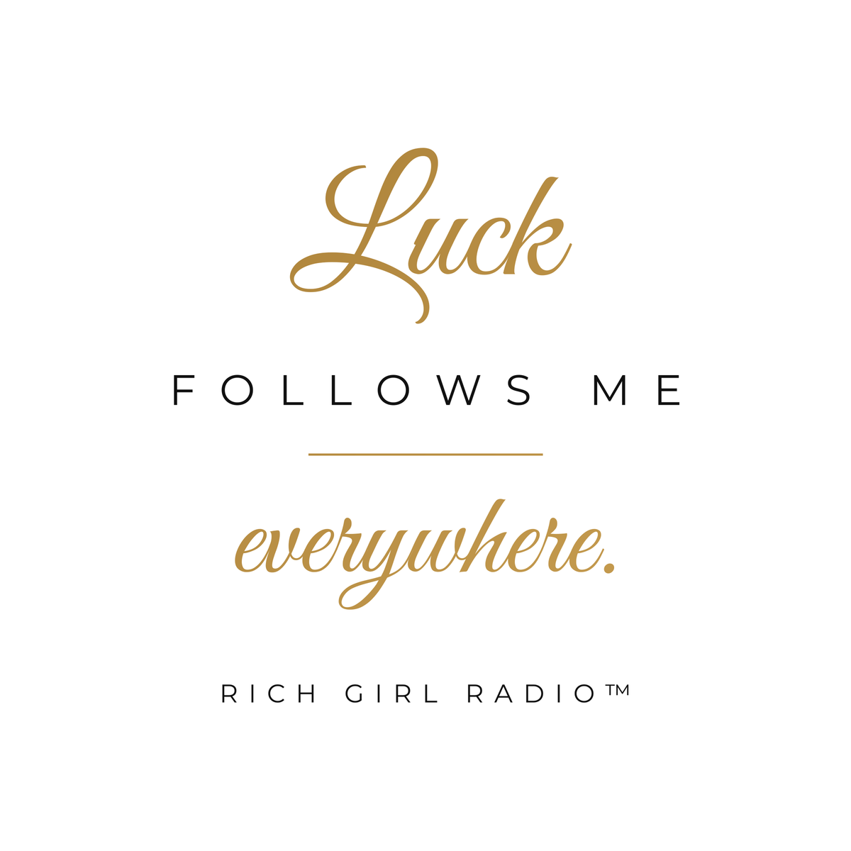 1. White 15oz Luck Follows Me Everywhere affirmation mug with gold script, handle on the right
2. Back of white lucky mug with gold heart four-leaf clover design
3. White and gold Rich Girl Radio Luck Follows Me Everywhere coffee mug, handle on the left
4. Side view of glossy white 15oz ceramic mug showing C-shaped handle