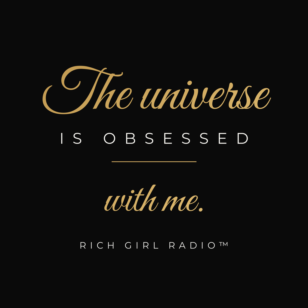 1. Black 15oz The Universe Is Obsessed With Me affirmation mug with gold script, handle on the right
2. Black and gold Rich Girl Radio celestial coffee mug, handle on the left
3. Side view of glossy black 15oz ceramic mug showing C-shaped handle
4. Back of black celestial mug with gold ringed planet design